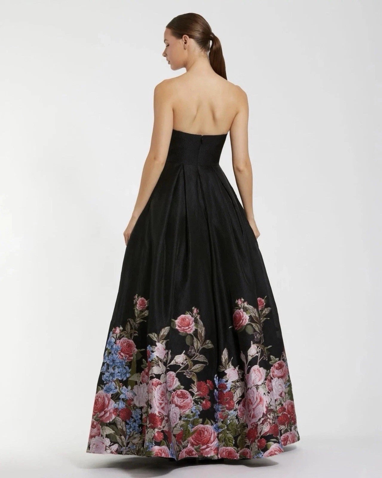 MAC DUGGAL Black Strapless Floral Brocade Ballgown Black Multi, Size-8