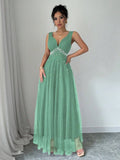 Ladies Elegant Faux Pearl V Neck Maxi Dress-