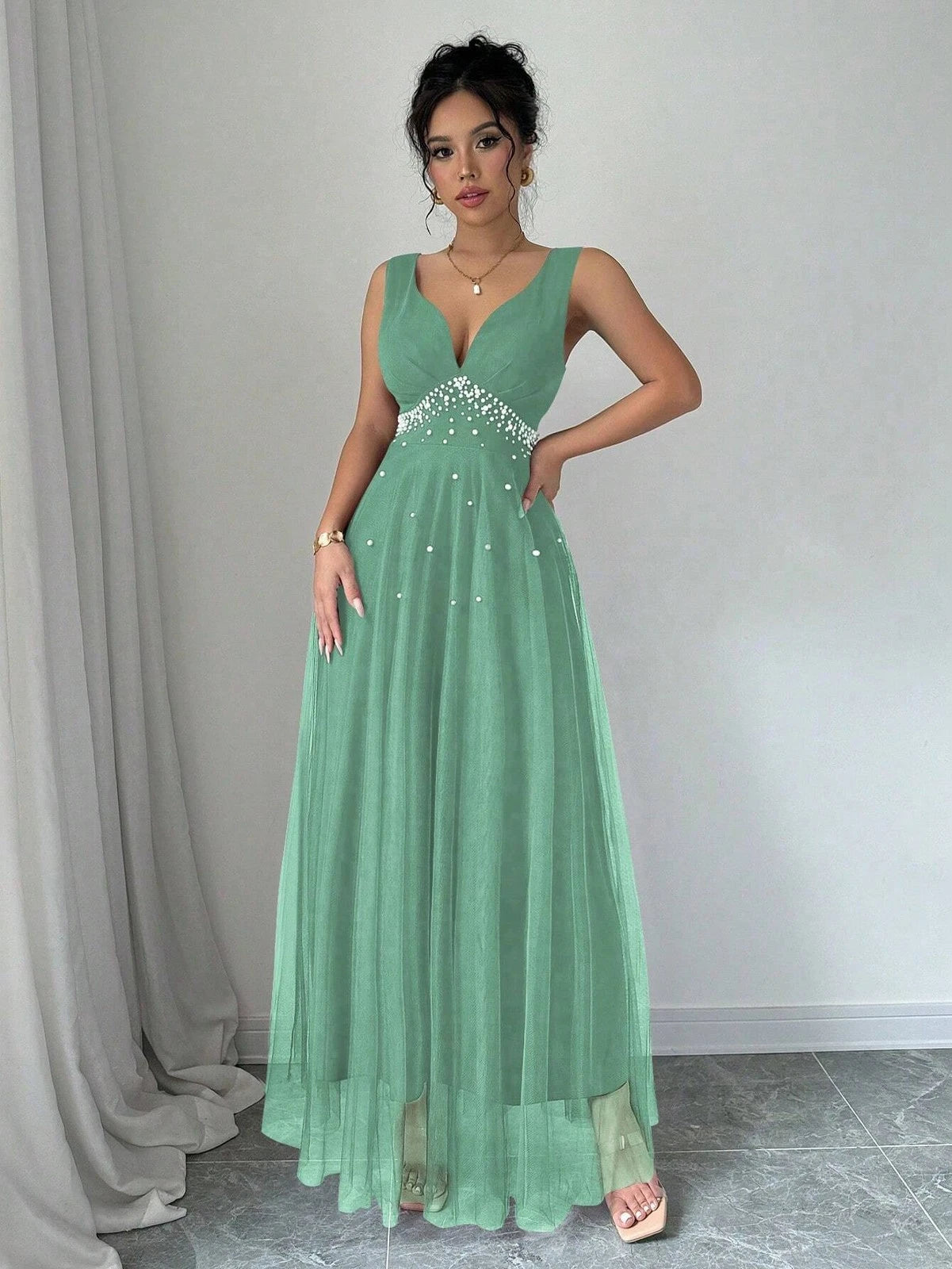 Ladies Elegant Faux Pearl V Neck Maxi Dress-